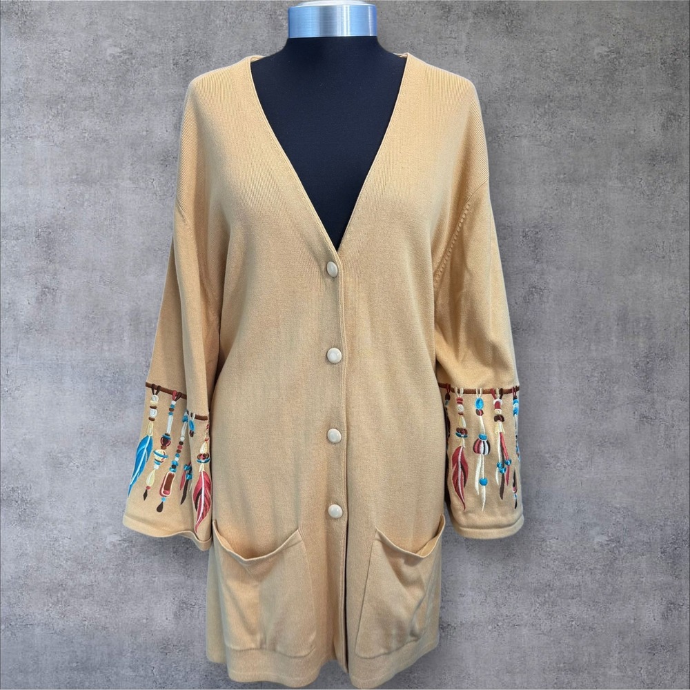 Bob Mackie Wearable Art Beige Dreamcatcher Embroidered Cardigan Sweater Size‎ 3X